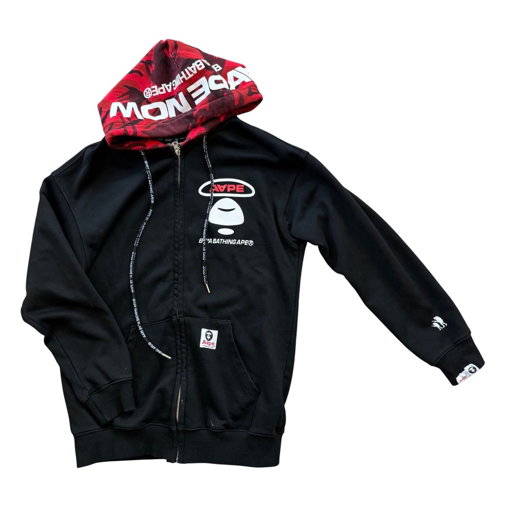 AAPE by A Bathing Ape Black Red Camo Full Zip Hoodie Ape Logo Mens Medium